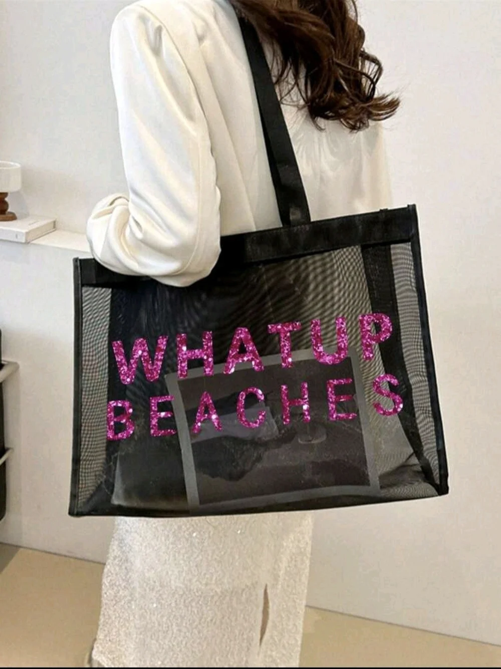 Black Mesh Tote Bag with Pink 'WHATUP BEACHES' Text